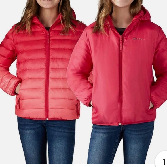 Eddie Bauer Kids Bright Red/Pink Ombré Reversible Puffer Coat M (10-12) - Picture 13 of 13